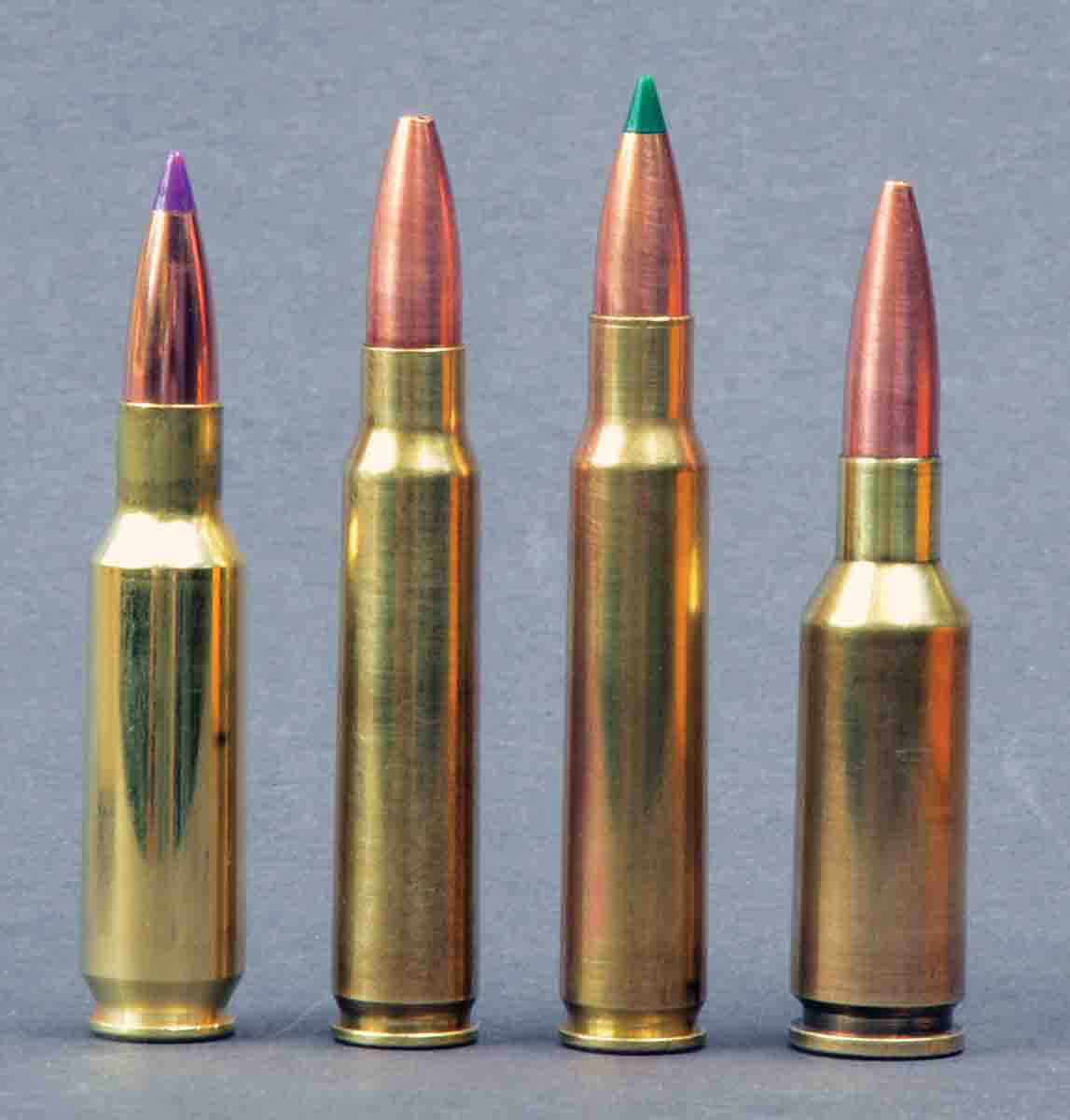 Accuracy cartridges of the same caliber and with similar powder capacities include (left to right) the .24 Nosler, 6x45mm, 6x47mm and the 6mm PPC.